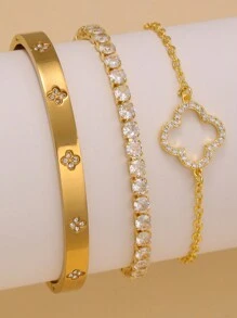 优雅闪亮时尚四叶草方晶锆石不锈钢手链套装，适合日常佩戴和赠送朋友