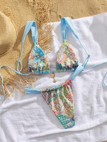 2pcs/Set New Soft Cup Adjustable Strap Printed Tie Front Elegant Party Bikini Swimwear, Summer Beach Fashion Swimwear For Women