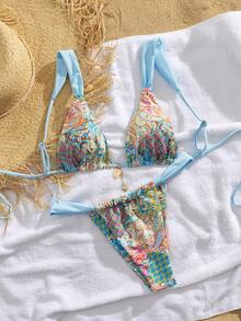 2pcs/Set New Soft Cup Adjustable Strap Printed Tie Front Elegant Party Bikini Swimwear, Summer Beach Fashion Swimwear For Women