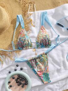 2pcs/Set New Soft Cup Adjustable Strap Printed Tie Front Elegant Party Bikini Swimwear, Summer Beach Fashion Swimwear For Women