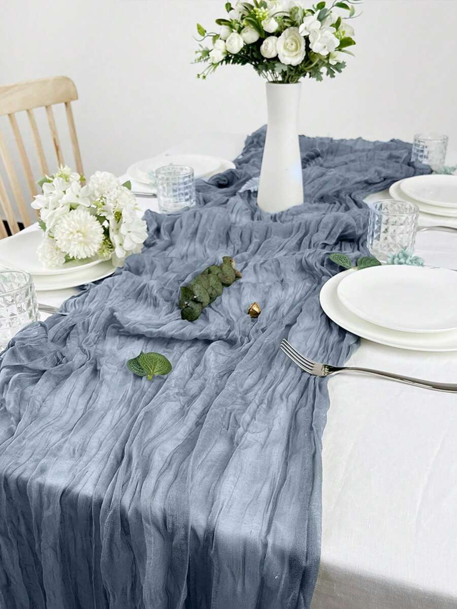 1条90*180厘米灰蓝色桌旗，浪漫简约风格，适用于婚礼招待会、节日、生日、情人节派对餐桌、餐厅、家居装饰 - 灰藍色 - 查看 1