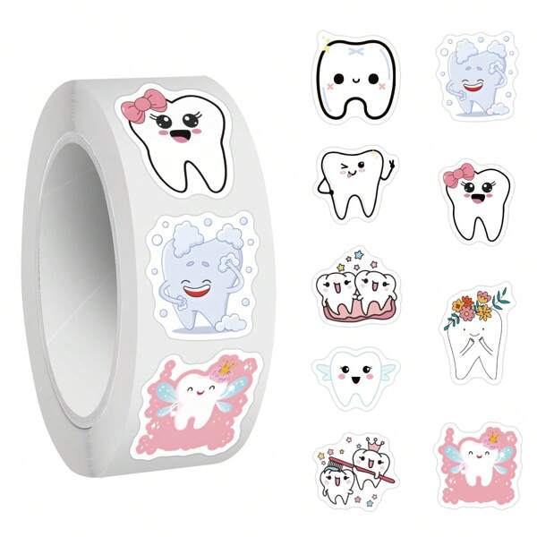 500PCS Tooth Stickers Roll Vinyl Aesthetics Stickers For Scrapbooking, Diary, Laptop, Bumper, Skateboard, Water Bottle, Computer, Phone, Cartoon, Hard Hat, Car Stickers And Decals