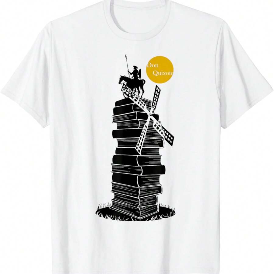Don Quixote In A Windmill Of Books, Black Shade T-Shirt - White - View 1