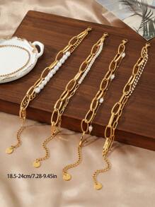 1条不锈钢女士时尚简约潮流珍珠回形针双层链手链，适合约会、派对和办公场合佩戴 - 金黃色 - 查看 3