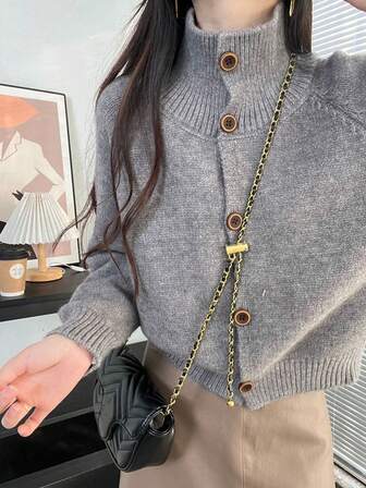 女式纯色插肩袖长袖时尚百搭高领针织开衫，秋冬