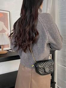 Women's Solid Color Raglan Sleeve Long Sleeve Fashionable Versatile High Neck Knit Cardigan, Autumn/Winter - Grey - View 2