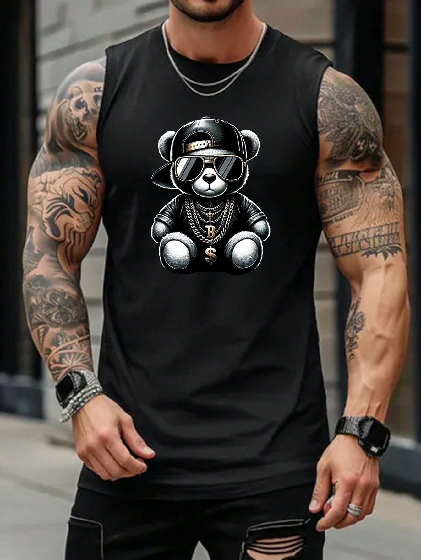 Men's Crew Neck Sleeveless Bear Print Simple Tank Top, Casual Everyday Wear