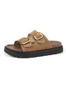 Wide Fit Platform Slide Sandals With Metal Buckle Decor, Comfortable Soft Sole Beach Slippers