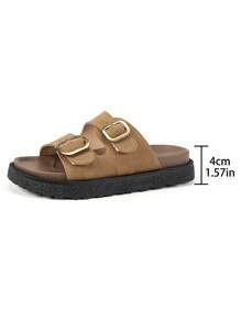 Wide Fit Platform Slide Sandals With Metal Buckle Decor, Comfortable Soft Sole Beach Slippers