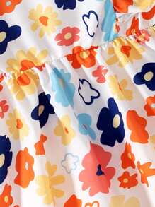 Young Girl Casual Sporty Floral Print Chic Round Neck With Back Buttons Cute Cap Sleeve Princess Dress, Suitable For Daily, Home, Outdoor, Summer - Multicolor - View 5