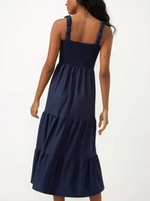 Vestido Midi de Alça larga com Lastex Cor Azul Listrado