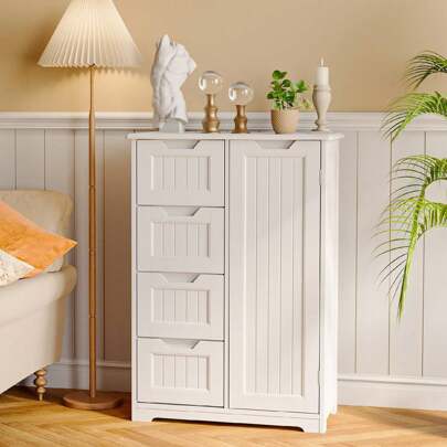 Bathroom Floor Freestanding Storage Cabinet, New Year Gift 3" Small Kitchen Pantry Storage Cabinet With Door And Shelves, Pantry Cabinet Storage Cupboard, Freestanding Wooden Dresser With 4 Drawers