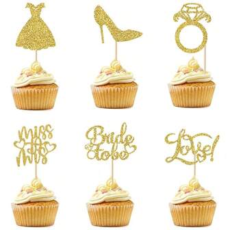 24 de bucăți decorațiuni pentru cupcake de nuntă cu sclipici Bride To Be Cupcake Toppers Inel cu diamante Miss To Mis Cupcake Picks Logodna Decorațiuni pentru petrecerea dușului de mireasă