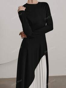 1pc Fashion Black & White High Collar Pleated Hem Contrast Color Sleeve Abaya Long Dress