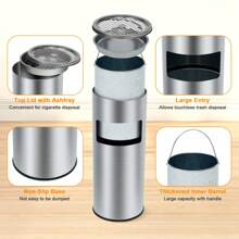 Indoor Outdoor Trash Can, Commercial Garbage Can With Removable Inner Bucket, Stainless Steel Ashtray Metal Can, Waste Bin Container With Lid For Outside Patio - Silver - View 6