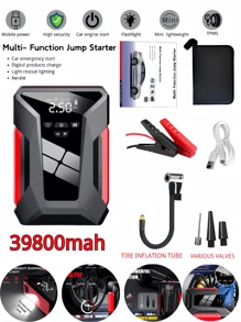 1pc 4 em 1 Emergency Car Jump Starter, Multi-Function Car Battery Jump Starter, 12V Car Starting & Intelligent Tire Inflation/Charging/Lighting All-In-One Machine, 39800MAH 600A Power Bank para até 4.0L Car