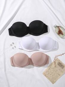 3 Packs Basic Multicolor Strapless Demi-Cup Bra Comfort Push Up Removable Bra