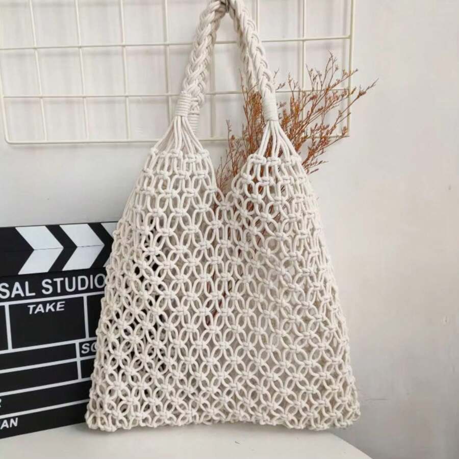 Women's Crochet Beach Bag Shoulder Bag Openwork Mesh Handmade Women's Summer Fashion Macramé Knitting With Fringe - 白色 - 查看 1