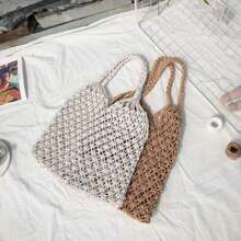 Women's Crochet Beach Bag Shoulder Bag Openwork Mesh Handmade Women's Summer Fashion Macramé Knitting With Fringe - 白色 - 查看 11