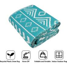 Outdoor Rugs For Patio Waterproof Large Plastic Straw Rugs Reversible Portable Picnic Blanket Easy Cleanning Camping Mat Outdoor Area Rug For Garden Balcony Deck - Teal - View 5