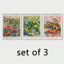 3PCS/SET Botanical And Fruit Prints, Pomegranate, Lemon And Peach, Fruit Market Wall Art Painting Canvas Painting, Kitchen And Dining Room Wall Decor, Unframed