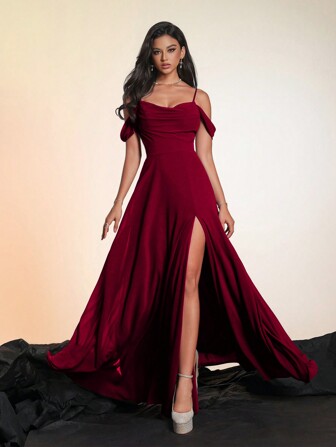 Elegant Red Spaghetti Strap High Slit Chiffon Formal Evening Gown, Fitted Floor Length Dress, Women's Formal Evening Gown, Classic Ballroom Dress, Bridesmaid Dress