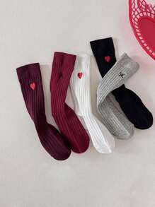 5pairs/10pairs Heart & Bow Embroidered Long Tube Socks For Girls, Adorable Children Mid-Calf Stockings