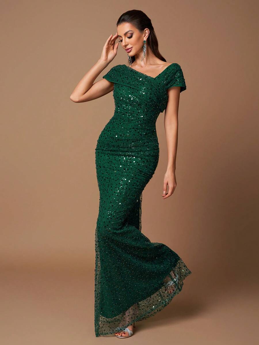 UNITHORSE 露肩褶皱重绣亮片手工串珠腰部收紧紧身正式晚礼服，优雅舞会礼服，适合婚礼嘉宾、毕业典礼、晚宴