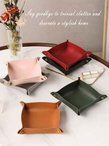 1pc Leather Jewelry Tray For Rings, Earrings And Bracelets; Storage Organizer For Nightstand And Dresser; Catchall Tray For Watch And Coin; Phone And Key Holder With Printed Gold English Words, Gift For Valentine's Day,Boho Vibes,For Holiday Beach, Bathroom Collection, Bedroom Collection, Large Capacity