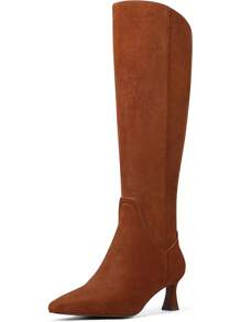 MUCCCUTE Knee High Boots For Women Chunky Heel Square Toe With Side Zipper Pull On Tall Fall BotasChristmas - 棕色絨面小貓跟鞋 - 查看 1