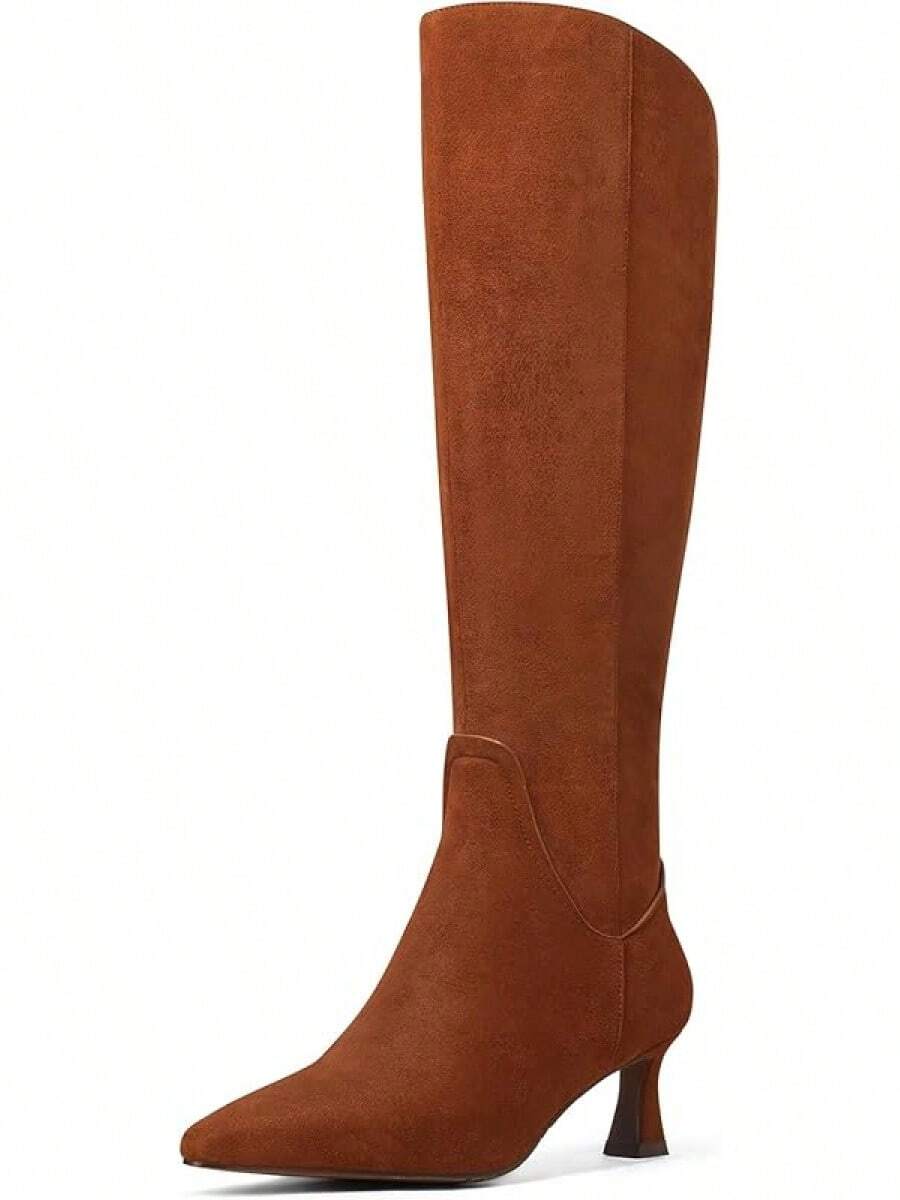 MUCCCUTE Knee High Boots For Women Chunky Heel Square Toe With Side Zipper Pull On Tall Fall BotasChristmas - 棕色絨面小貓跟鞋 - 查看 1
