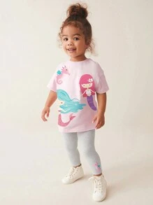 Girls 2pcs Summer Set Cartoon Mermaid Print Short Sleeve Top And Long Pants, Suitable For Daily Wear - Pink - View 1