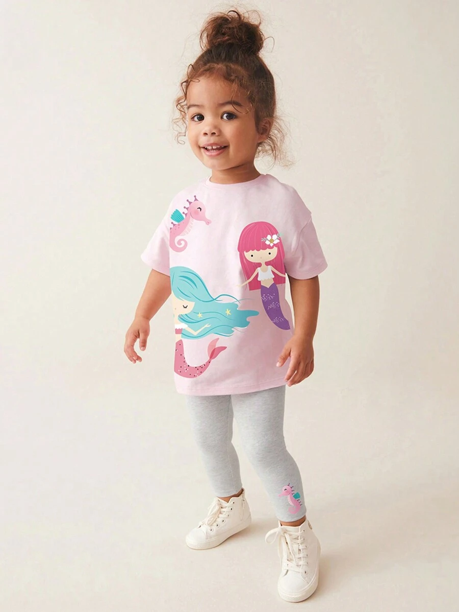 Girls 2pcs Summer Set Cartoon Mermaid Print Short Sleeve Top And Long Pants, Suitable For Daily Wear - Pink - View 1