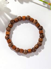 1pc Vintage Fashion Wood Bead Elastic Cord Bracelet - Multicolor - View 6