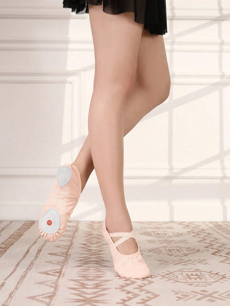 女士极简芭蕾平底帆布芭蕾舞鞋，交叉绑带设计，舞蹈拖鞋 - 粉色 - 查看 1