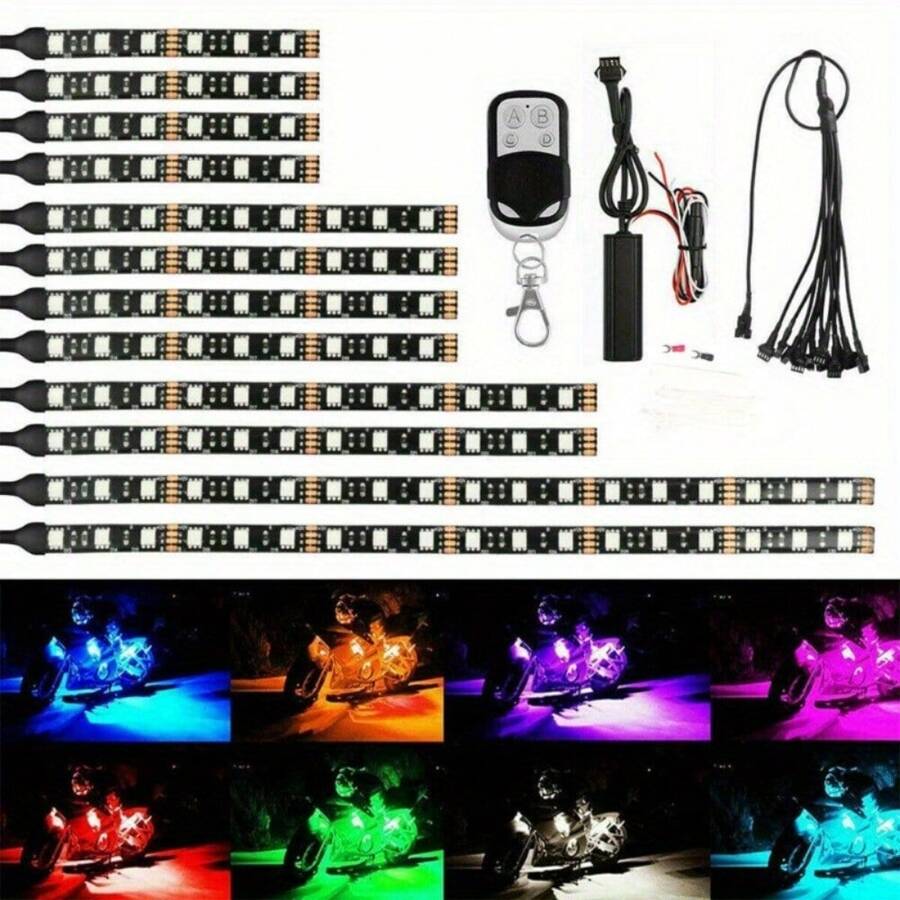 12Pcs Motorcycle RGB LED Neon Under Glow Lights Strip Kit - Black - View 1