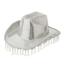 Womens Men Shiny Cowgirl Hat Wide Brim Western Bling Stars Tassel Cowgirl Hat Themed Party Cap - 銀色 - 查看 1