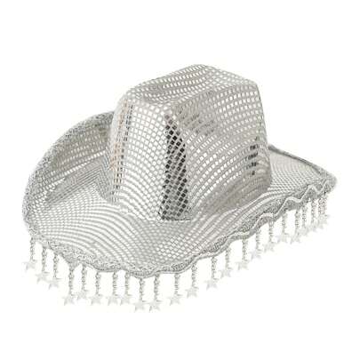 Womens Men Shiny Cowgirl Hat Wide Brim Western Bling Stars Tassel Cowgirl Hat Themed Party Cap