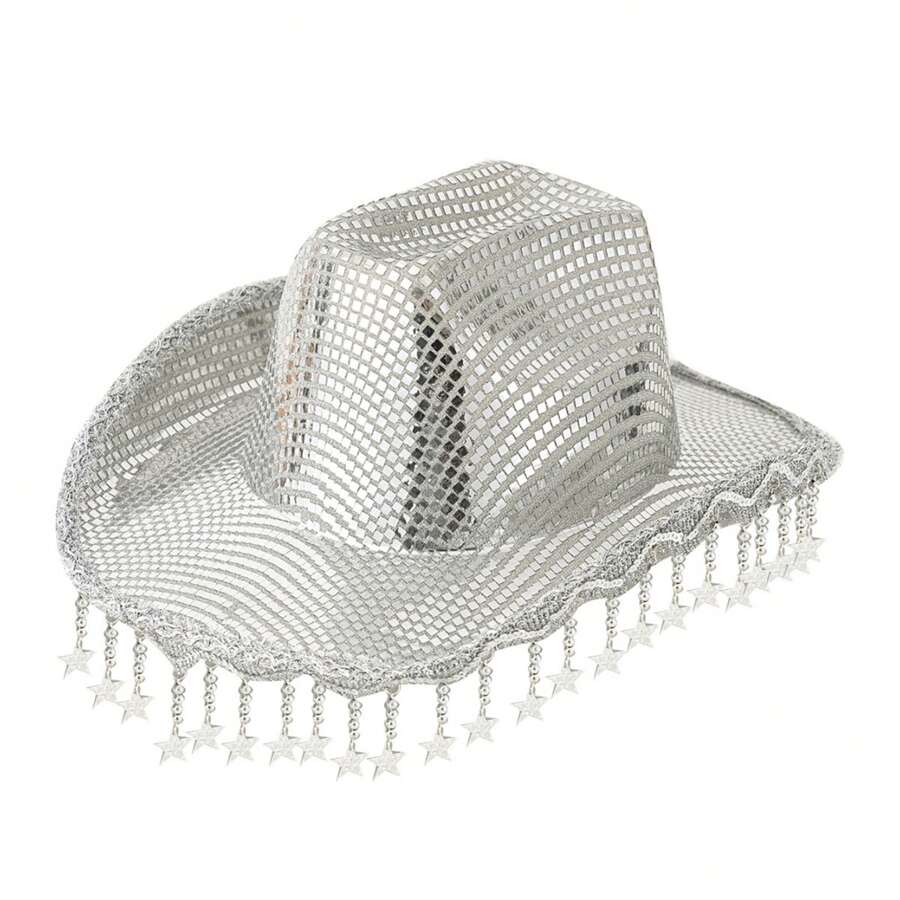 Womens Men Shiny Cowgirl Hat Wide Brim Western Bling Stars Tassel Cowgirl Hat Themed Party Cap - 銀色 - 查看 1