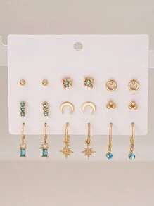 9 pares Brincos de Argola e Brincos de Strass de Prata/Ouro/Ouro Rosa/Preto Elegante, Fofo, Simples e Casual da Moda Europeia e Americana, Adequado para Uso Diário, Férias, Presente, Joia para Mulheres