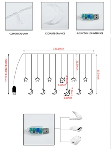 1pc 138 LEDs 3.5*0.8m USB 8 Modes Star & Moon Shaped Curtain Light, For Wedding Engagement Proposal Home Garden Holiday Indoor Outdoor Yard Decor