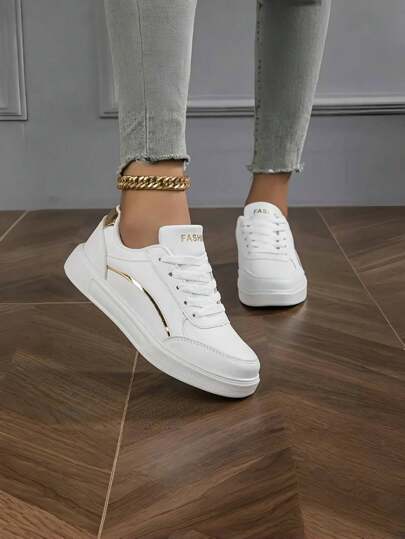 女士时尚百搭轻便舒适白色运动鞋，经典休闲平底鞋，适合工作、学生、散步