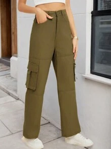 Fashion Women's Cargo Pants With Pockets And Buttons - Versatile Long Trousers In Multiple Colors - Army Green - View 4