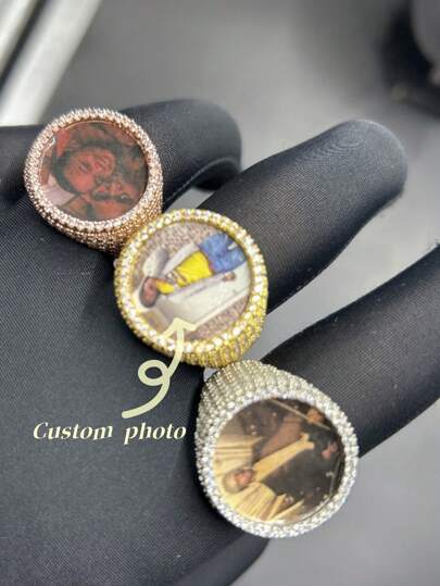 (Custom-Made) 1pc Custom Round Photo Frame Ring, Brass Inlaid Cubic Zirconia Hip Hop Casual Daily Wear Jewelry