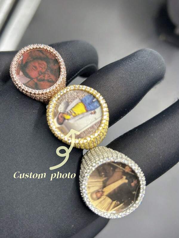 (Custom Item) 1pc Customized Circular Photo Frame Ring, Brass Inlay Cubic Zirconia Hiphop Everyday Wear Jewelry