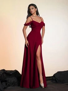 优雅红色吊带高开衩雪纺正式晚礼服，修身及地长裙，女士正式晚礼服，经典舞会礼服，伴娘礼服，春季婚礼礼服 - 紅色 - 查看 7