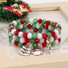 3 pezzi Braccialetti natalizi da donna con pupazzo di neve, albero di Natale e bastone, realizzati con perline elastiche, regalo natalizio adatto per famiglia e amici - Multicolore - Visualizzare 2