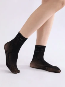 5 Pairs Lace Short Socks, Hollow Fishnet Socks, High Elasticity Women's Calf Socks, Women's Mid-Calf Socks, Short Socks - Black - View 5