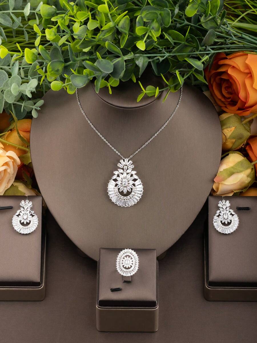 1 Set Elegant Cubic Zirconia Flower Petal Pendant Necklace, Earrings, And Ring Set, Suitable For Women's Party Wear, No Gift Box Included