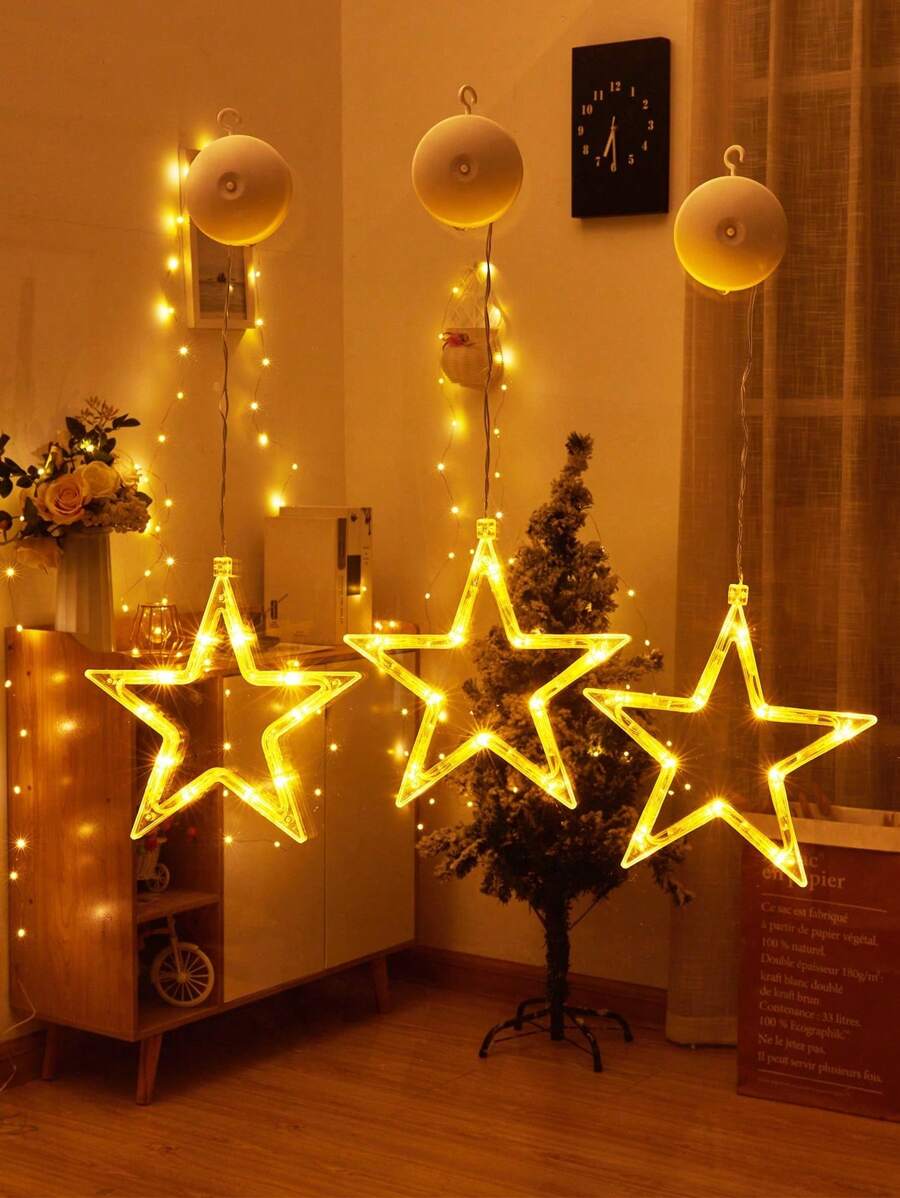 1pc 10-Head Star & Moon Decor Atmosphere Festival Light With Suction Cup, 3-Section Battery-Operated Five-Pointed Star String Light